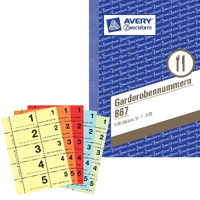 Avery Zweckform® 867 Garderobennummern, DIN A6, farbig sortiert, 100 Blatt / Blo