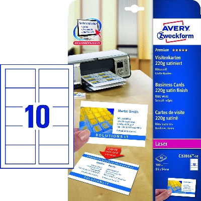 Avery Zweckform® C32016-10 Premium Visitenkarten, 85 x 54 mm, beidseitig beschic