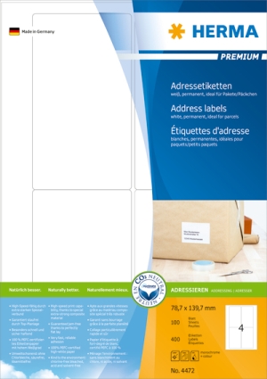 Adressetiketten Premium A4, weiß 78,7x139,7 mm Papier matt 400 St.