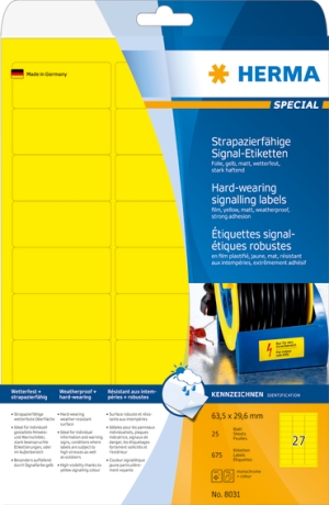 Signal-Etiketten strapazierfähig A4 63,5x29,6 mm gelb stark haftend Folie matt wetterfest 675 St.