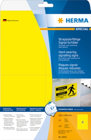 Signal-Schilder strapazierfähig A4 105x148 mm gelb stark haftend Folie matt wetterfest 100 St.