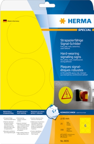 Signal-Schilder strapazierfähig A4 Ø 85 mm rund gelb stark haftend Folie matt wetterfest 150 St.