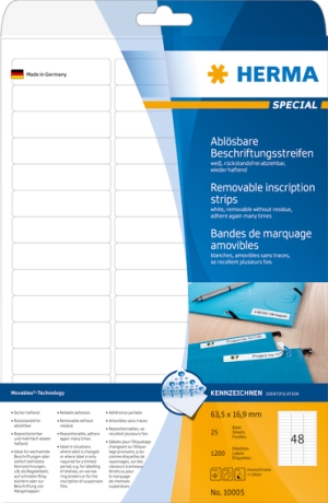 Ablösbare Beschriftungsstreifen A4 63,5x16,9 mm weiß Movables/ablösbar Papier matt 1200 St.