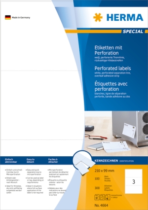 Etiketten A4 weiß 210x99 mm perforiert Papier matt 300 St.