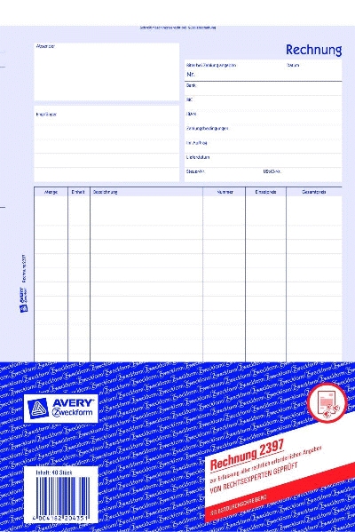 Avery Zweckform® 7397 Rechnung, DIN A4, selbstdurchschreibend, 40 Blatt, weiß