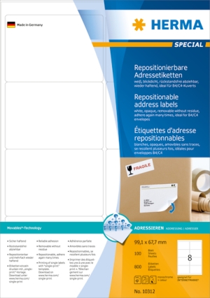 Adressetiketten A4 weiß 99,1x67,7 mm repositionierbar Papier matt blickdicht 800 St.