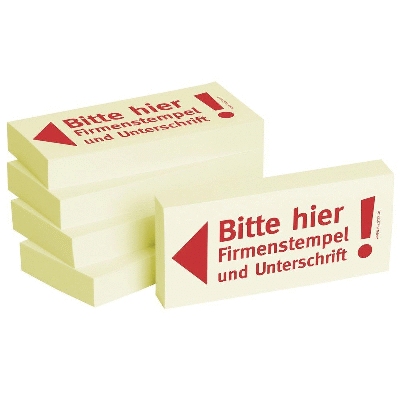 Bedruckte Haftnotizen - Text: Bitte hier Firmenstempel und Unterschrift