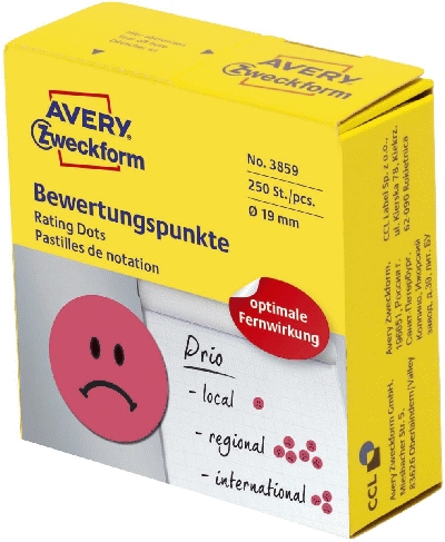 Avery Zweckform® 3858 Bewertungspunkt trauriger Smiley - Ø 19 mm, Spender mit