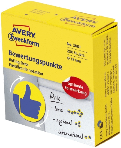 Avery Zweckform® 3861 Bewertungspunkt Daumen - Ø 19 mm, Spender mit 250 Etiket