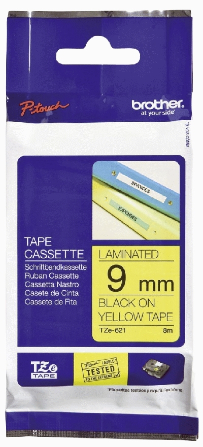 Brother TZe-621 Schriftbandkassette - laminiert, 9 mm x 8 m, schwarz auf gelb