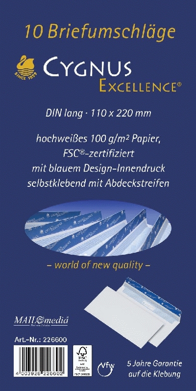 Cygnus Excellence Briefumschlag DL, haftkebend, weiß, Offset 100g, 10 Stück