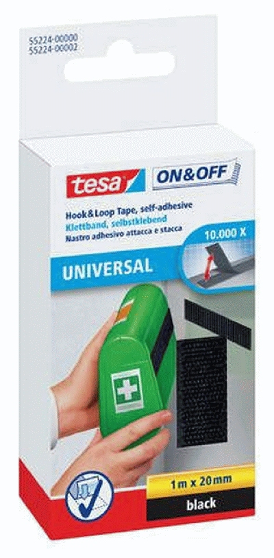 Tesa® On & Off Klettband - 19 m x 70 mm, schwarz, selbstklebend