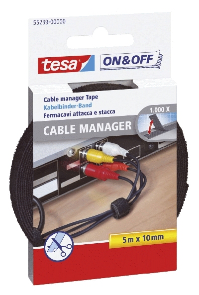 Tesa® On & Off Cable Manager - 10 mm x 5 m, schwarz, universal