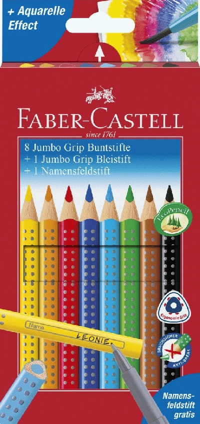 FABER-CASTELL Buntstift Jumbo GRIP - 8 Farben, Namensfeld- und Bleistift im Prom