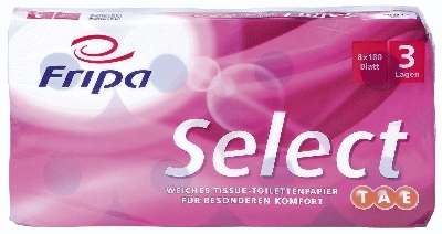 Fripa Toilettenpapier Select -3-lagig,TAE,geprägt,hochweiß,8 Rollen à 180 Blatt