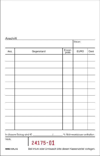 RNK Verlag Kassenblock -obengeheftet,2x50 Bl,(BxH): 96x167mm,mit Nummerierung