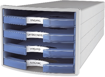 HAN Schubladenbox IMPULS A4/C4, 4 offene Schubladen, lichtgrau/transluzent-blau