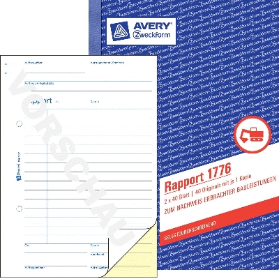 Avery Zweckform® 1776 Rapport,DIN A5,selbstdurchschreibend,2x40 Blatt,weiß,gelb