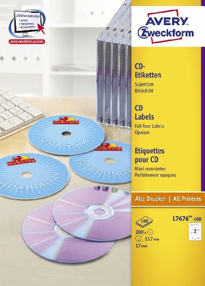 Avery Zweckform® L7676-1900 CD-Etiketten, Ø 19197 mm, 1900 Blatt/700 Etiketten, weiß