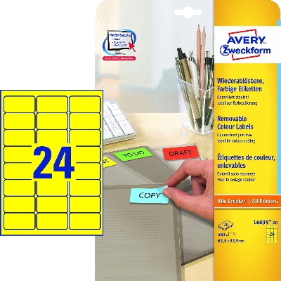 Avery Zweckform® L6032-20 Etiketten - 63,5 x 33,9 mm, gelb, 480 Etiketten/20 Bla