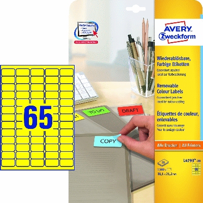 Avery Zweckform® L4790-20 Etiketten - 38,1 x 21,2 mm, gelb, 1.300 Etiketten/20 B