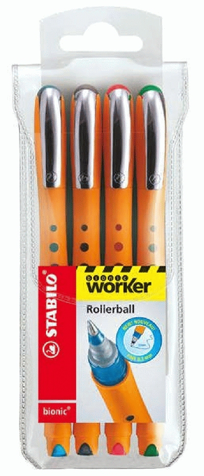 Stabilo® Tintenroller worker® fine, 0,3 mm, Kunststoffetui mit 4 Stiften