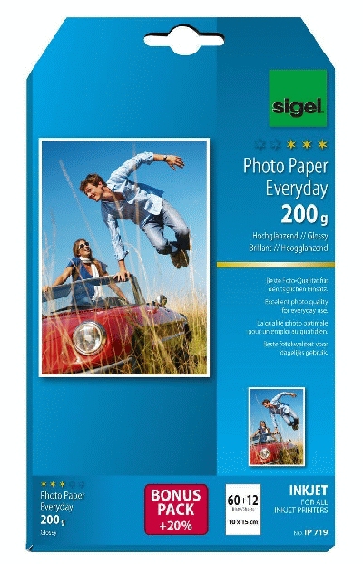 Sigel® Inkjet Fotopapier Everyday -10x 15 cm,hochglänzend,200 g/qm,60 + 12 Blatt