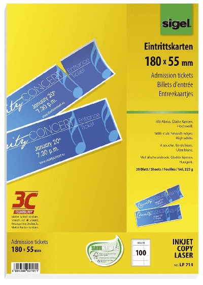 Sigel® Eintrittskarten m. Abriss -bedruckbar,180x 55mm,100Stk. auf A4 Bögen,weiß