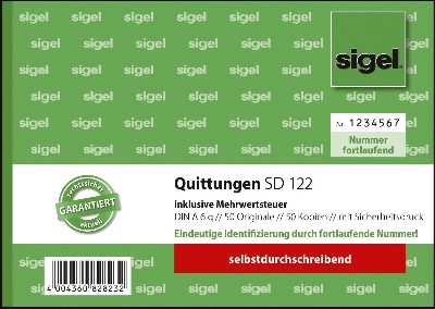 Sigel® Quittung inkl. MwSt. mit Sicherheitsdruck - A6 quer, SD, 7 x 50 Blatt