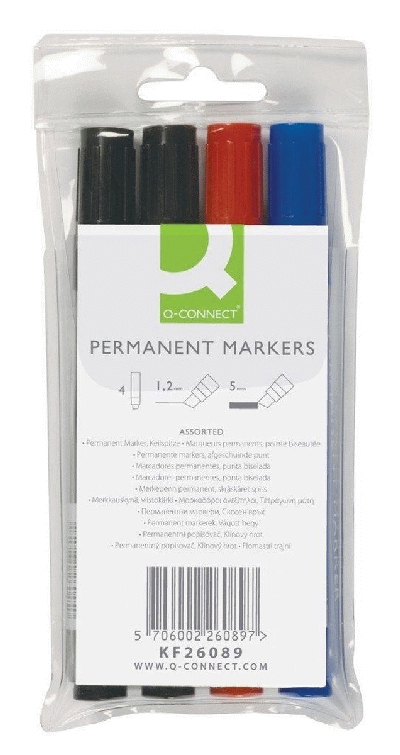 Q-Connect Permanentmarker, ca. 7 - 5 mm, 4-er Etui: blau, rot, 7 x schwarz