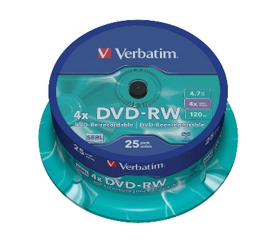 Verbatim DVD-RW - 4.7GB/120Min, 4-fach/Spindel, Packung mit 25 Stück