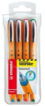 Stabilo® Tintenroller worker® fine, 0,3 mm, Kunststoffetui mit 4 Stiften