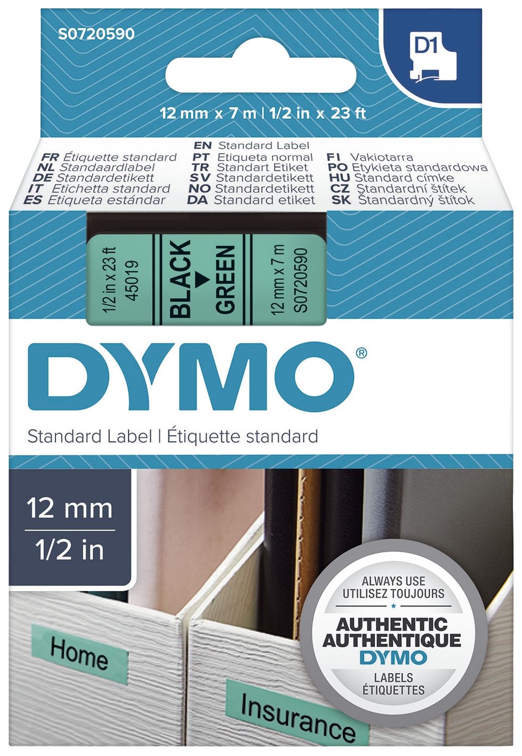 Dymo S0720590 Schriftband 12mmx7m grün/schwarz