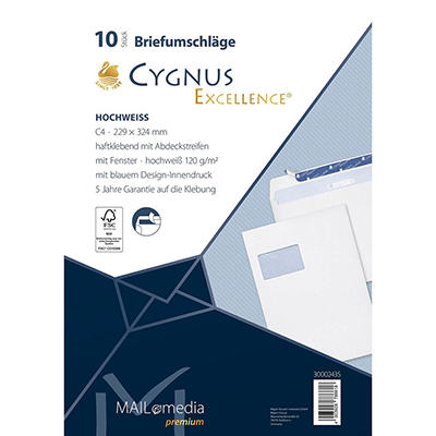 Cygnus Excellence Briefumschlag C4,haftkebend,weiß,Offset 120g,10Stk. m. Fenster